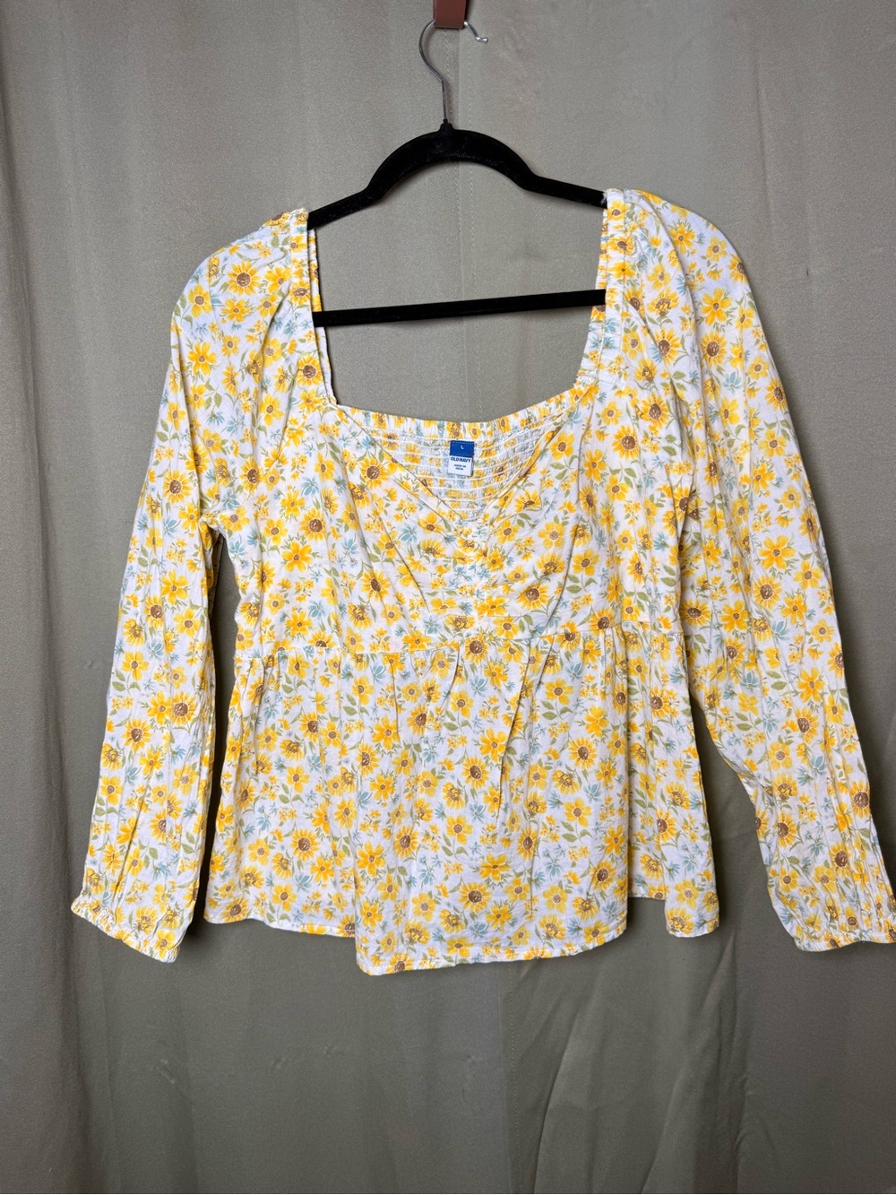 Old Navy White and Yellow Floral Square-Neck Long-Sleeve Blouse